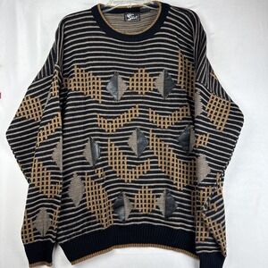 Vintage Alan Stuart Geometric Knit Sweater Men's XL Leather Accent 80s 90s